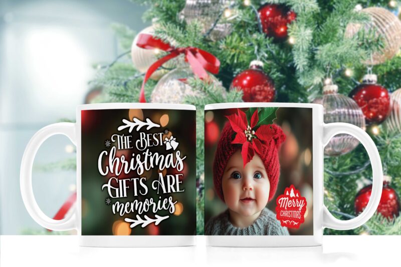 White mug mock up Christmas tree decoration. Sublimation mockup